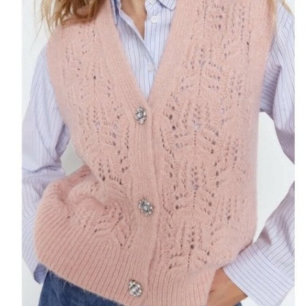 Zara Romantic Soft Pink Open Knit Cardigan Sweater Vest with Jewel Button Size L